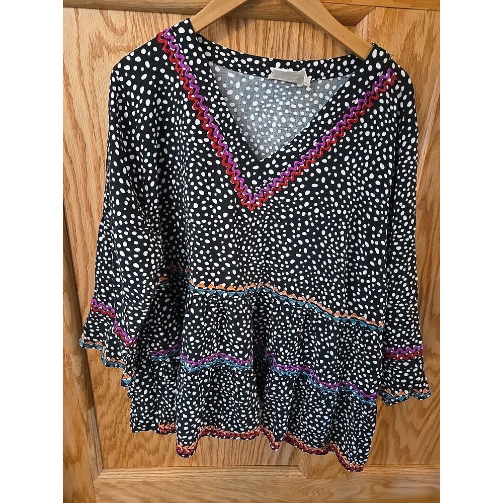 Savanna Jane Womens Boho Top Babydoll Top Size 1X Black White Colorful Trim